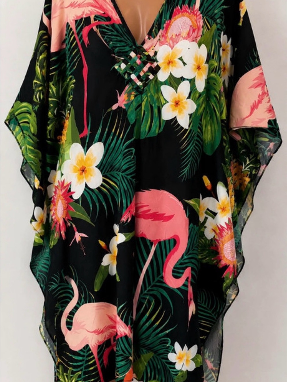 Source Unknown Black Tropical Flamingo V-Neck Tunic Cover-Up